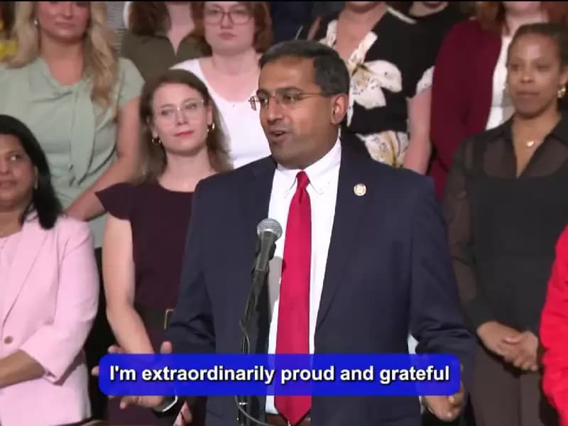 Pennsylvania State Rep. Arvind Venkat speaks at the Pennsylvania state Capitol alongside members of the Pennsylvania Speech-Language-Hearing Association.