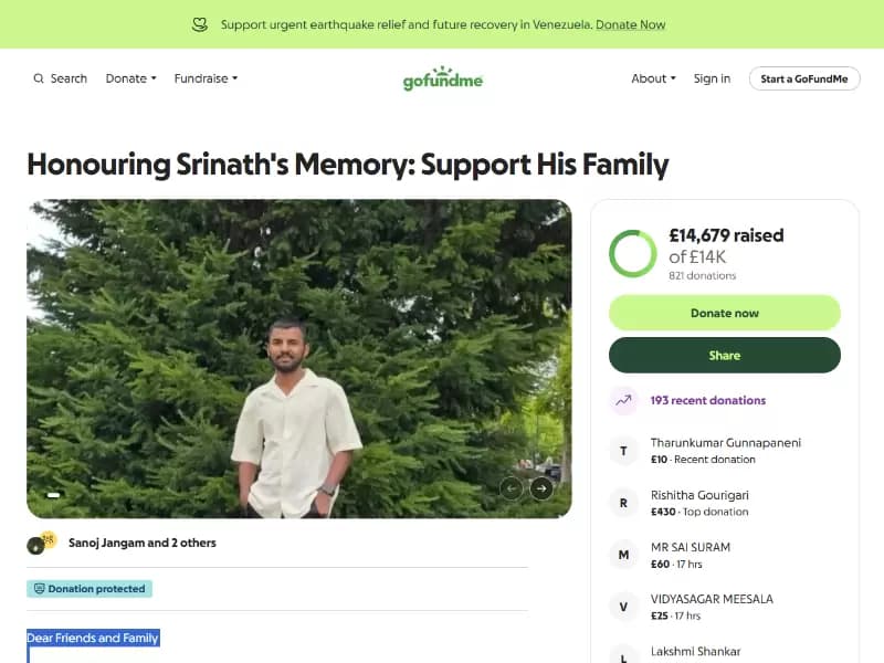 श्रीनाथ रेड्डी सावुसानी के पार्थिव शरीर को भारत वापस लाने में मदद के लिए 820 से ज्यादा दाताओं ने योगदान दिया।