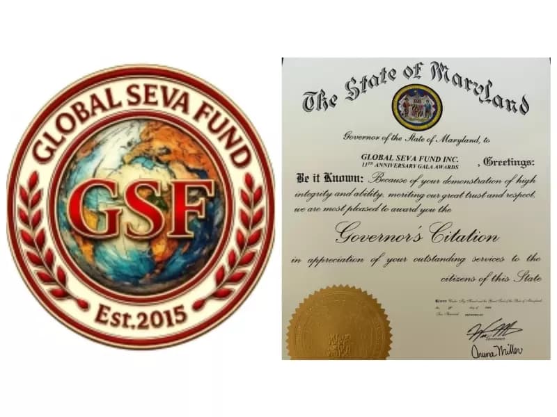 ग्लोबल सेवा फंड (GSF) का लोगो और मैरीलैंड के गवर्नर वेस मूर के कार्यालय से मिला गवर्नर का प्रशस्ति-पत्र।