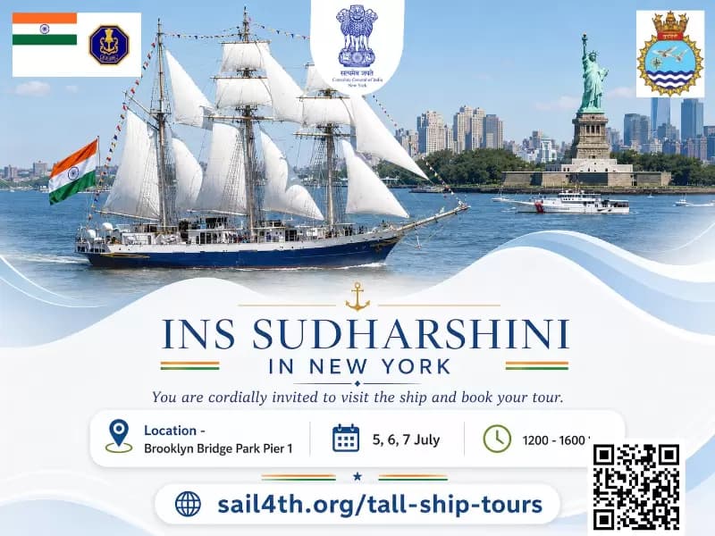 ન્યૂ યોર્કમાં INS સુદર્શિનીના જાહેર પ્રદર્શન દરમિયાન મુલાકાતીઓને તેમાં ચઢવા માટે આમંત્રણ આપવામાં આવ્યું છે.