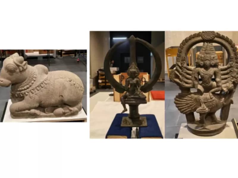 A ceremonial bronze trident of Goddess Bhadrakali, a granite idol of Nandi, and a basalt sculpture depicting the six-headed Lord Karttikeya