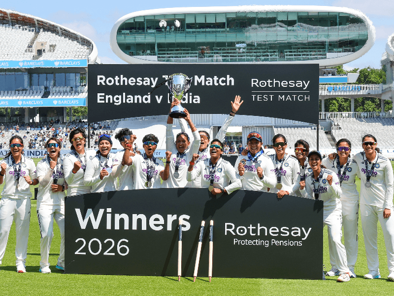 India's Deepti Sharma celebrates during the women's Test against England at Lord's in London.