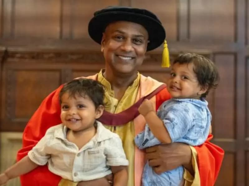 Krishnendu Majumdar at his honorary Doctor of Letters (DLitt) ceremony with his twin boys, Ishan and Ayush