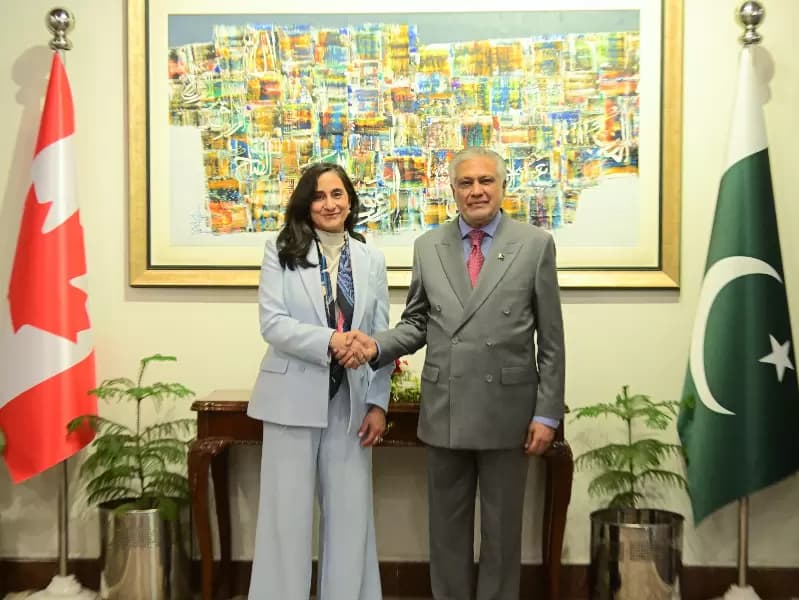 Canada's Anita Anand with Mohammad Ishaq Dar, Pakistan’s Deputy Prime Minister and Foreign Minister