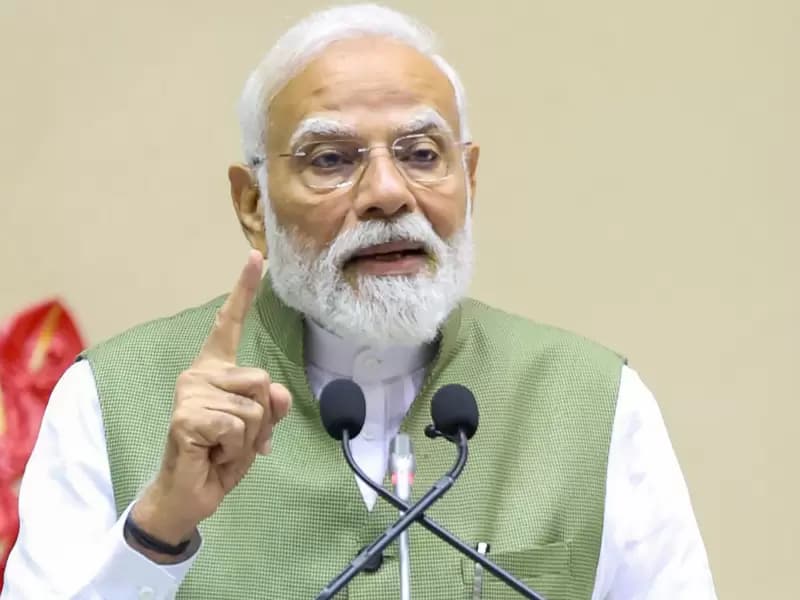 Prime Minister Narendra Modi addresses a gathering on the occasion of the release of former President Ram Nath Kovind’s autobiography, “Triumph of the Indian Republic: My Life, My Struggles”, at Vigyan Bhavan in New Delhi on Wednesday, August 12, 2026.