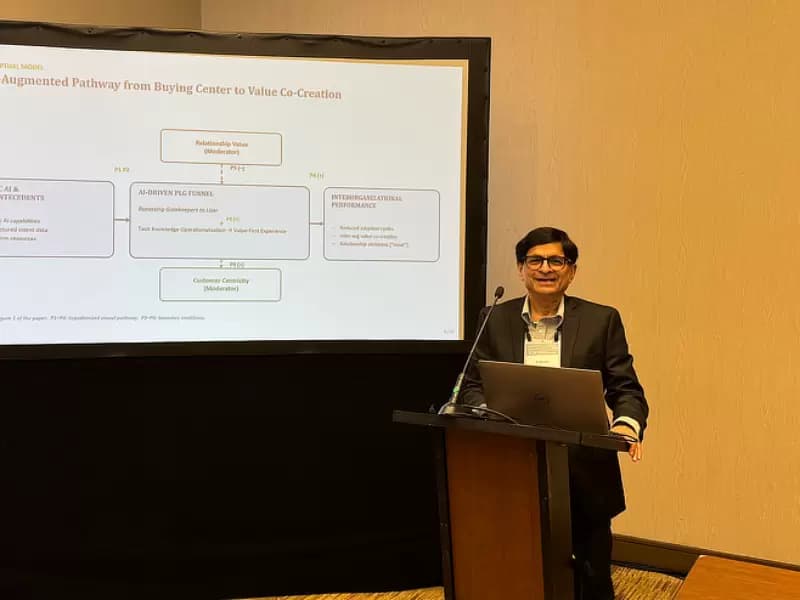 Subroto Roy presenting "Beyond the Polanyi Paradox in B2B Marketing" at the 2026 AMA Summer Academic Conference.