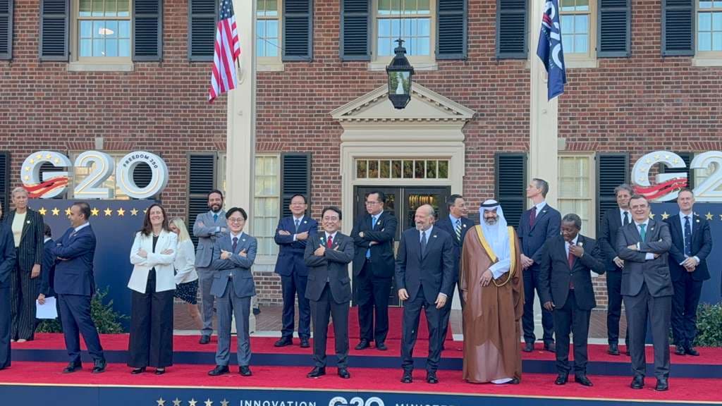 global leaders posing for a group photo at the G20 Innovation Ministerial held at The Carolina Inn in Chapel Hill, North Carolina.