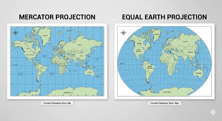 Maps of the world in the Mercator and Equal Earth projections.