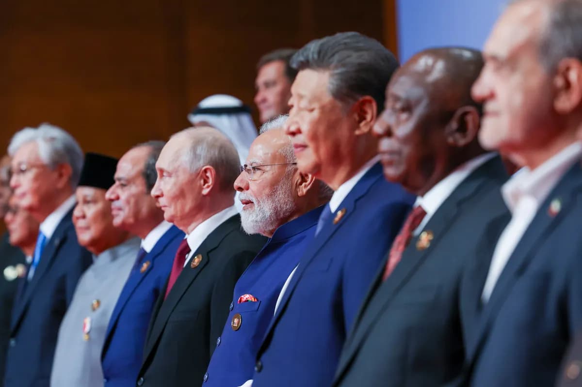 Prime Minister Narendra Modi with Russian President Vladimir Putin, Chinese President Xi Jinping and other world leaders during a group photograph at the 18th BRICS Summit at Bharat Mandapam in New Delhi on Sunday, September 13, 2026. (Photo: IANS/PMO)