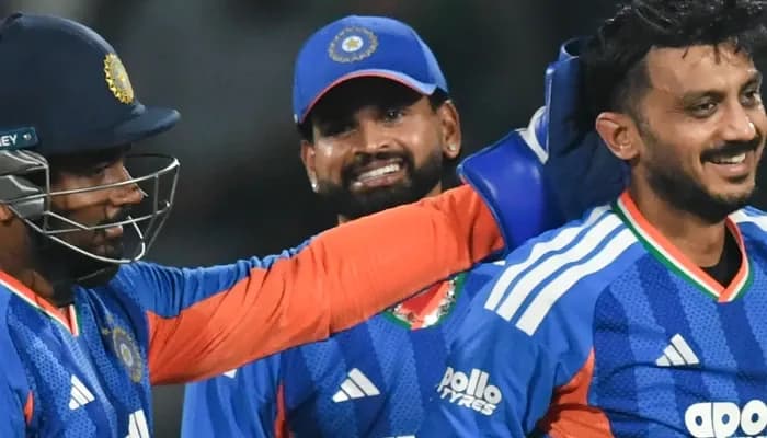 India's Axar Patel celebrates with teammates after taking the wicket of Afghanistan's Rahmanullah Gurbaz during the third T20I match between India and Afghanistan at Arun Jaitley Stadium in New Delhi on Thursday, September 17, 2026. 