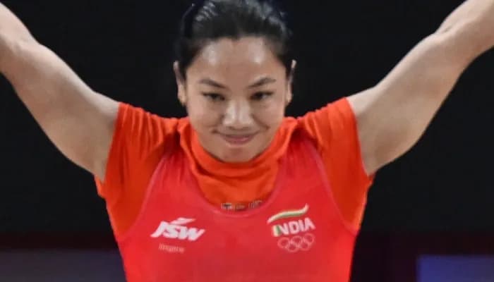 India’s Mirabai Chanu competes in the women’s 49kg weightlifting final at the Asian Games 2026 in Nagoya, Japan.