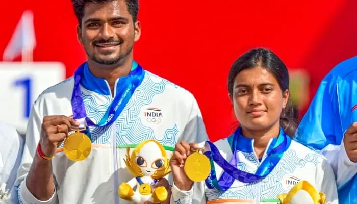 Gold medallist Sahil Jadhav and Chikitha Taniparthi of India