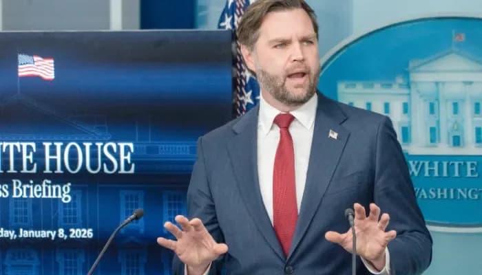 Washington, D.C.:  U.S. Vice President JD Vance speaks to reporters during a press briefing at the White House in Washington, D.C., the United States, Jan. 8, 2026.Vance said on Thursday that currently part of his job is "to try to ensure that Venezuela is stable" and to ensure that the acting Venezuelan government "actually listens to the United States and does what the United States needs it to do under our country's best interest."