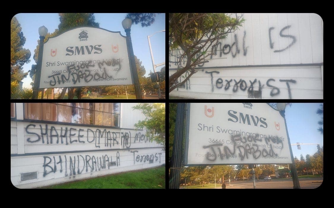 The Shri Swaminarayan Mandir in Newark, California was spray-painted with anti-Modi graffiti. Police are investigating the incident as a hate crime.