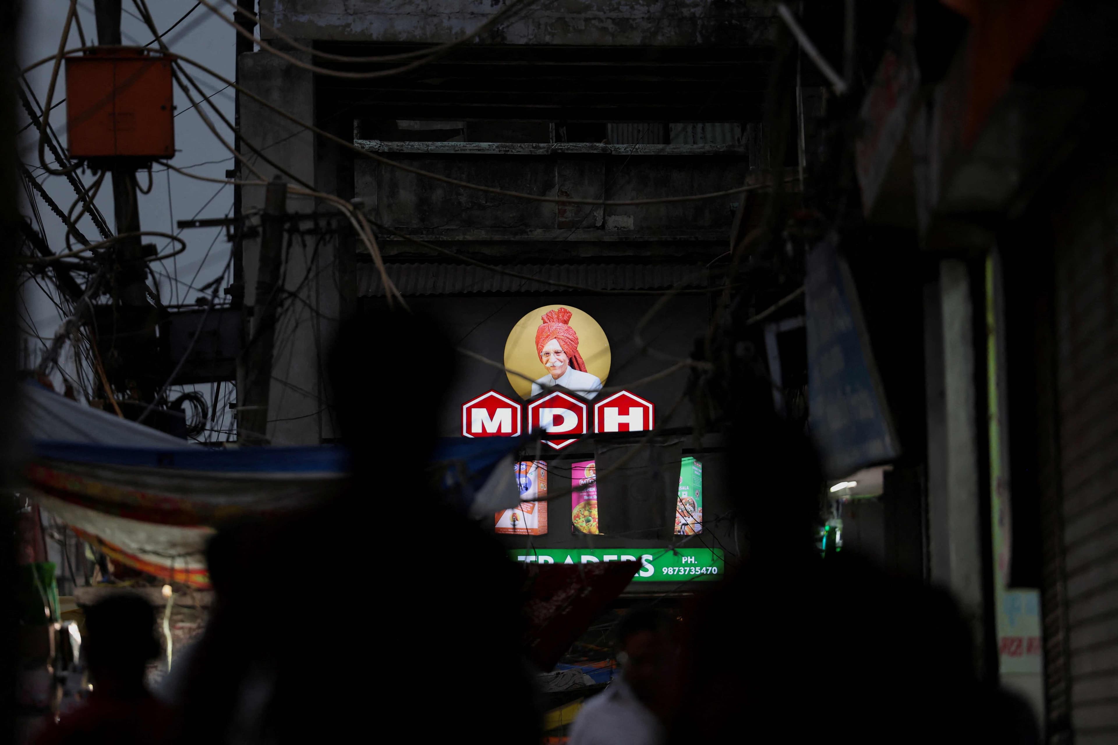 FILE PHOTO: A view of the logo of MDH, an Indian spice manufacturing company, on a shop in the old quarters of Delhi, India, May 3, 2024.