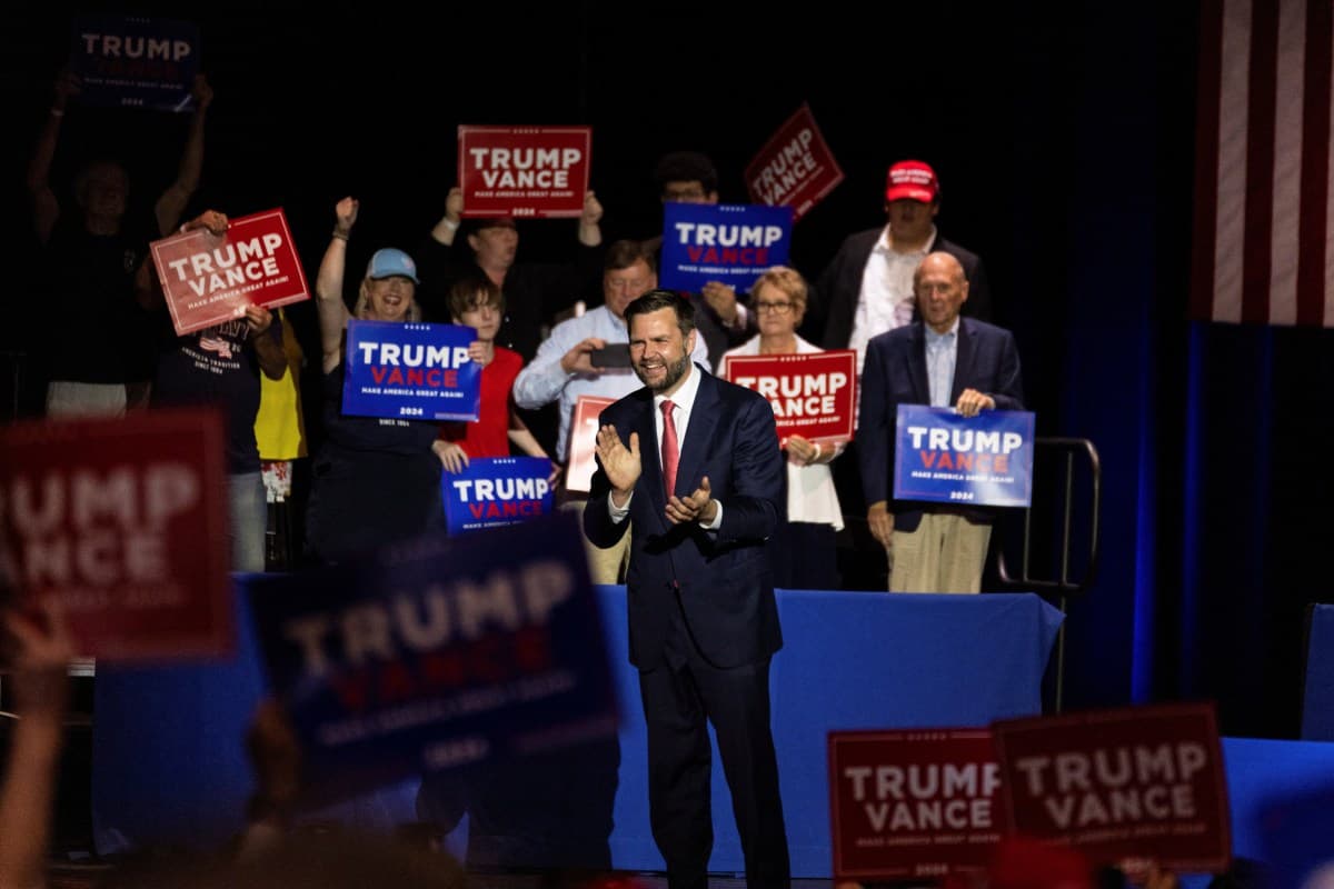 Republican vice presidential nominee, U.S. Senator J.D. Vance (R-OH) holds a rally at Middletown High School in his hometown of Middletown, Ohio, U.S. July.22, 2024.