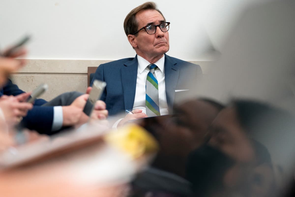 National Security Communications Advisor John Kirby listens as White House Press Secretary Karine Jean-Pierre holds a press briefing at the White House in Washington, U.S., July 31, 2024.