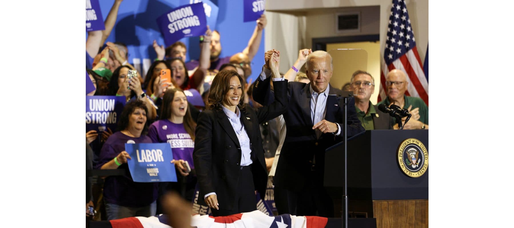 U.S. President Joe Biden and Democratic presidential nominee and U.S. Vice President Kamala Harris attend a Labor Day campaign event, at IBEW Local Union #5 in Pittsburgh, Pennsylvania, U.S., Sept.2, 2024.