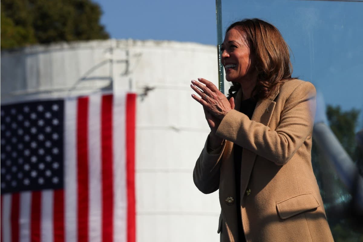 Democratic presidential nominee and U.S. Vice President Kamala Harris reacts during a campaign stop in North Hampton, New Hampshire, U.S. Sep.4, 2024.