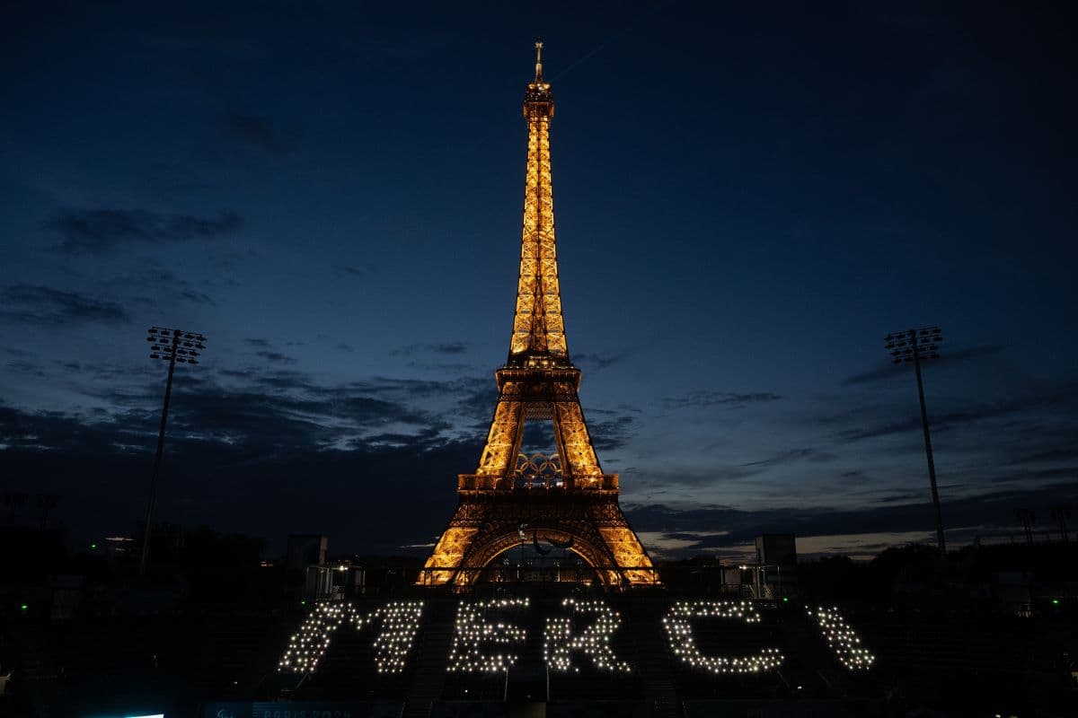 Eiffel Tower in Paris with the Olympics rings on the final day.