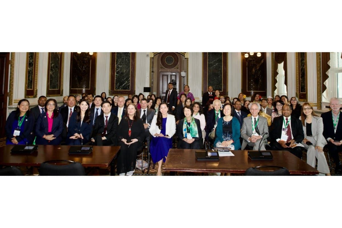 White House officials at the briefing and at the Welcome Dinner. From l. to r. WHIAANHPI Executive Director Kristal Ka’ai; Special Advisor for Public Engagement Kota Mizutani; President Biden’s Deputy Assistant Erika Moritsugu presenting a message from President Biden at the Welcome Dinner, Front Row from l. to r. Ramya Ramakrishnan of HAF, AAUC President Angela Anand, WH Deputy Assistant Moritsugu, AAUC Board Chair Dr. S.K. Lo, Marsha Golangco of APAPA, AAUC VP Yen Marshal and CEO of My Sister’