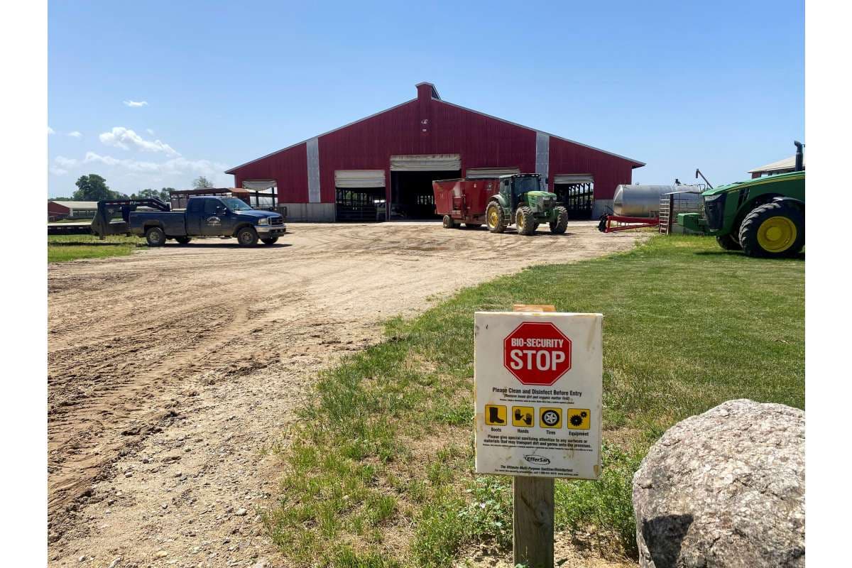 A warning sign is placed at a dairy farm in Martin, Michigan, U.S., June 6, 2024.