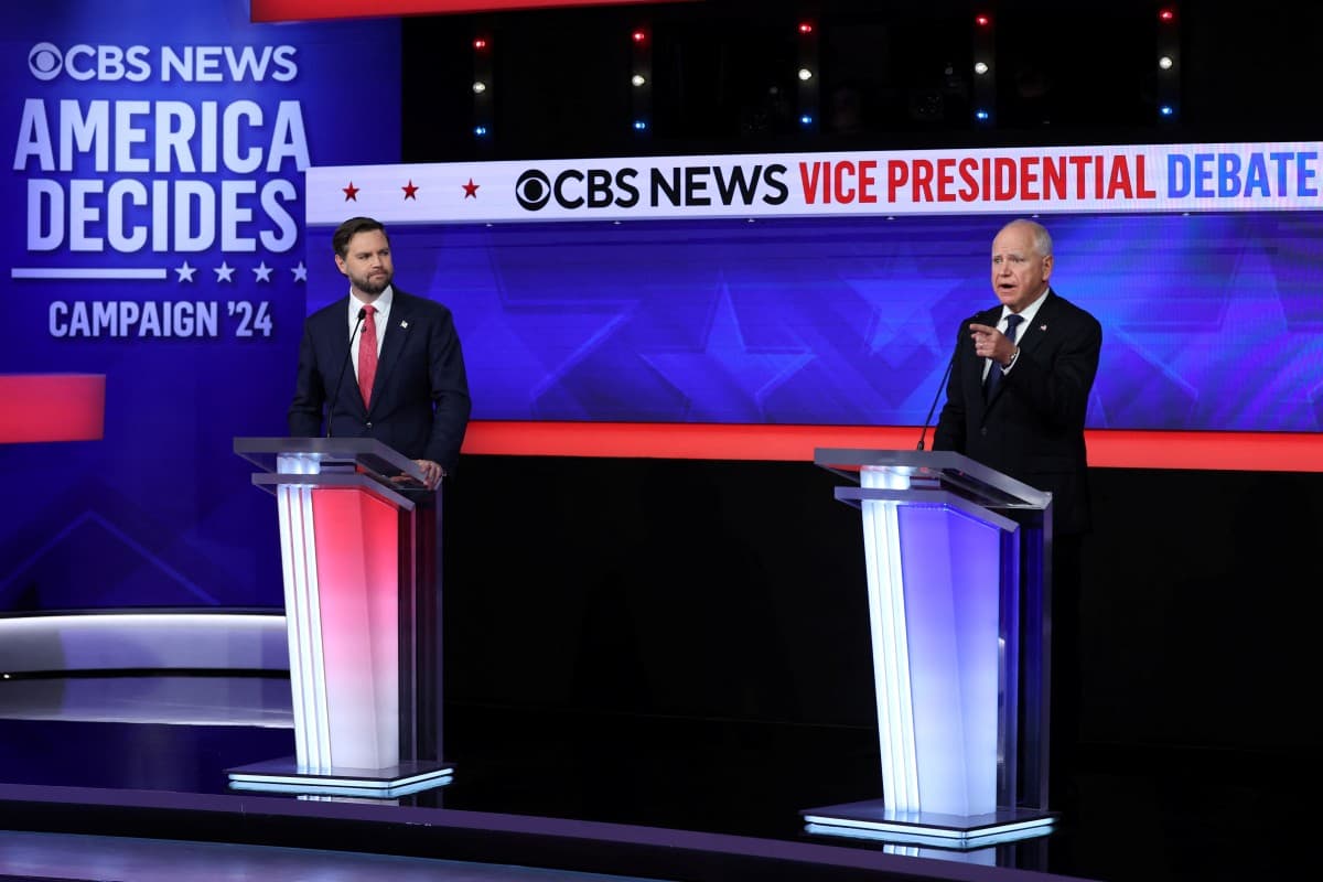 Democratic vice presidential nominee Minnesota Governor Tim Walz gestures as he speaks during a debate with Republican vice presidential nominee U.S. Senator JD Vance (R-OH) hosted by CBS in New York, U.S., Oct.1, 2024.