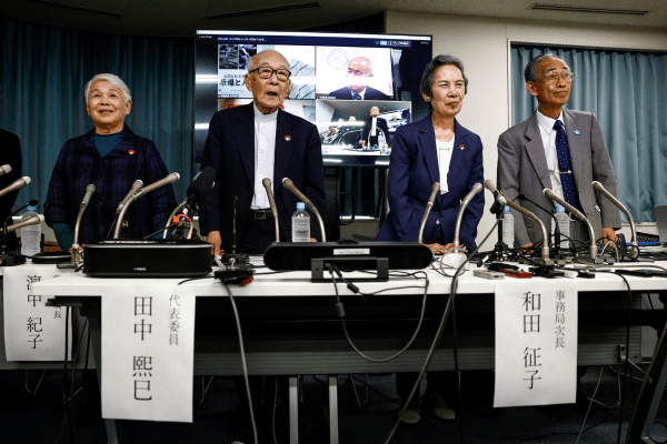 Atomic bomb survivors and members of Nihon Hidankyo, a country-wide organisation of atomic and hydrogen bomb sufferers, including Assistant Secretary General Toshiko Hamanaka, Co-chairperson Terumi Tanaka, Assistant Secretary General Masako Wada, Assistant Secretary General Jiro Hamasumi attend a press conference on the following day of Nihon Hidankyo winning the 2024 Nobel Peace Prize, in Tokyo, Japan, October 12, 2024.