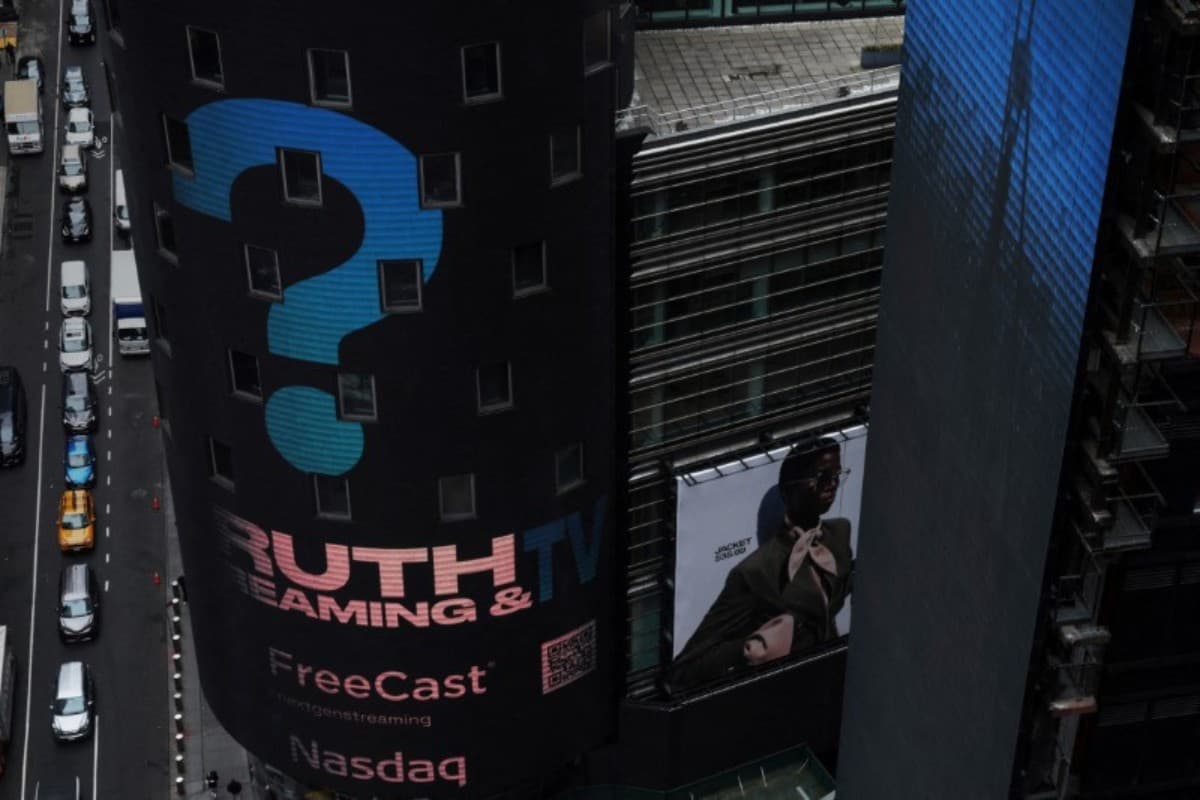 The Nasdaq Market site is seen on the day that shares of Truth Social and Trump Media & Technology Group start trading under the ticker "DJT", in New York City, U.S., March 26, 2024.