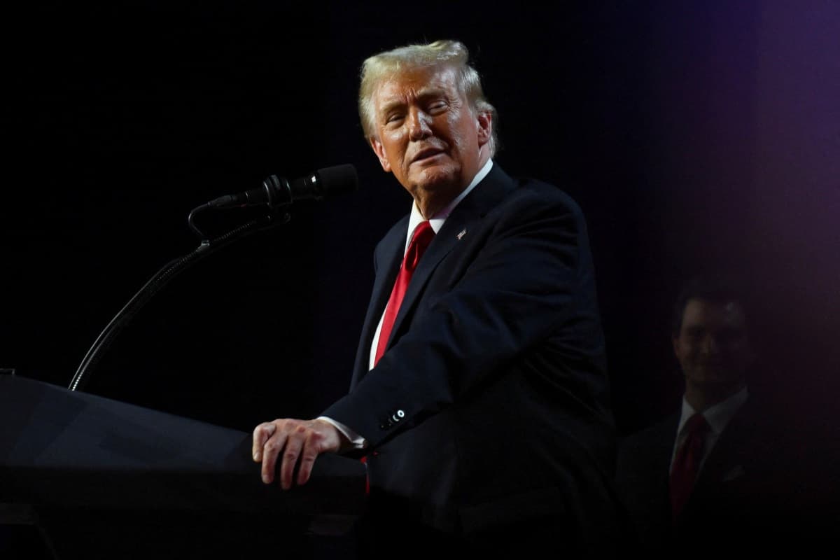 Republican presidential nominee and former U.S. President Donald Trump takes the stage following early results from the 2024 U.S. presidential election in Palm Beach County Convention Center, in West Palm Beach, Florida, U.S., November 6, 2024.