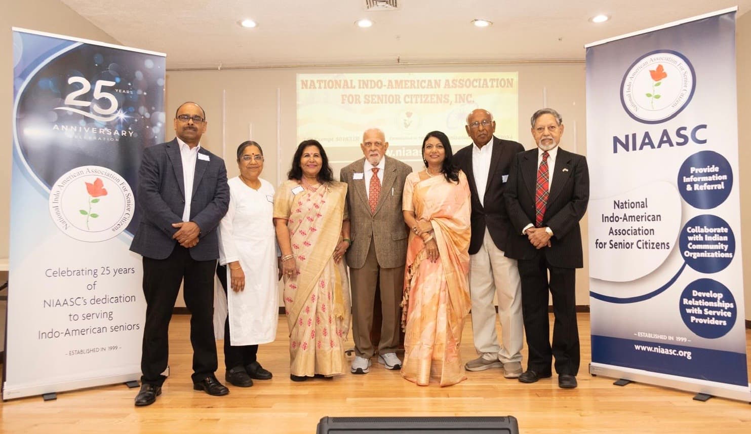 NIAASC BOD - From Left to right - Alex Esthappan ( Treasurer) , Dr. Vasundhra Kalasapudi (Board Member), Dr. Bhavani Srinivasan ( Vice President), Rajeshwar Prasad (Founder and Chairman), Gunjan Rastogi (President), Chandrakant Shah ( Board Member), Harbachan Singh (Secretary).