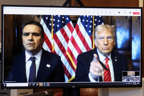 U.S. President-elect Donald Trump appears remotely for a sentencing hearing in front of New York State Judge Juan Merchan in the criminal case in which he was convicted in 2024 on charges involving hush money paid to a porn star, at New York Criminal Court in Manhattan in New York City, U.S., January 10, 2025.