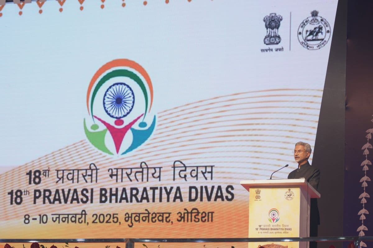 External Affairs Minister S Jaishankar speaking during the Pravasi Bharatiya Divas convention in Odisha.