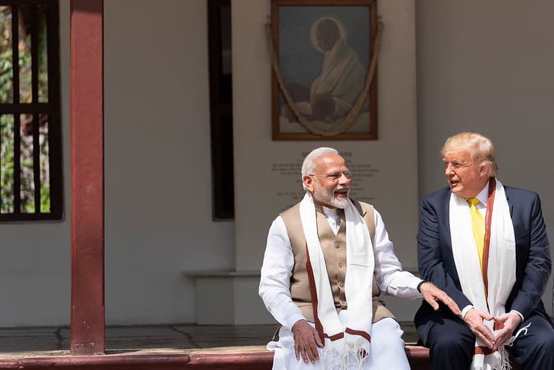 Donald J. Trump joins Indian Prime Minister Narendra Modi in conversation during their visit to the home of Mohandas Gandhi on Feb. 24, 2020, in Ahmedabad, India.