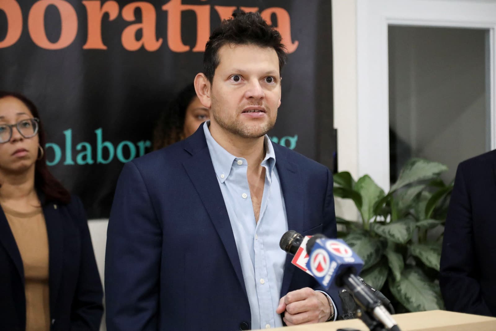 Ivan Espinoza-Madrigal, Executive Director of Lawyers for Civil Rights of Boston, speaks during a press conference about their lawsuit filed against the Trump administration's executive order that would strip birthright U.S. citizenship from the children of immigrant parents, in Chelsea, Massachusetts, U.S., January 21, 2025.