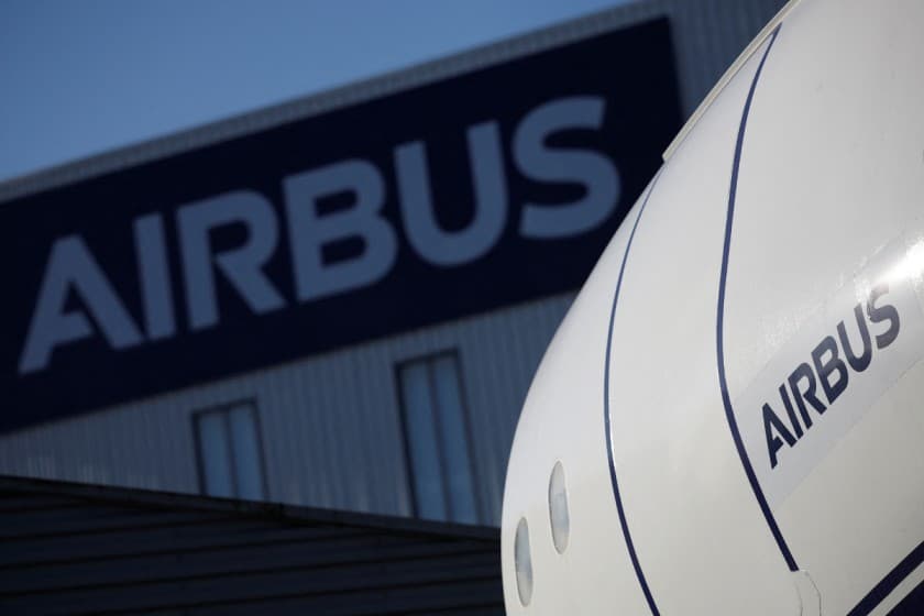 The logo of Airbus is pictured outside the Airbus facility in Saint-Nazaire, France, November 7, 2023. REUTERS/Stephane Mahe/File Photo