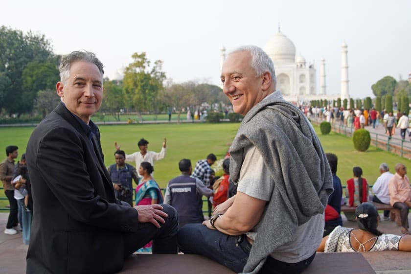 American physicist Dr. Brian Greene and former NASA astronaut Mike Massimino at the Taj Mahal, India