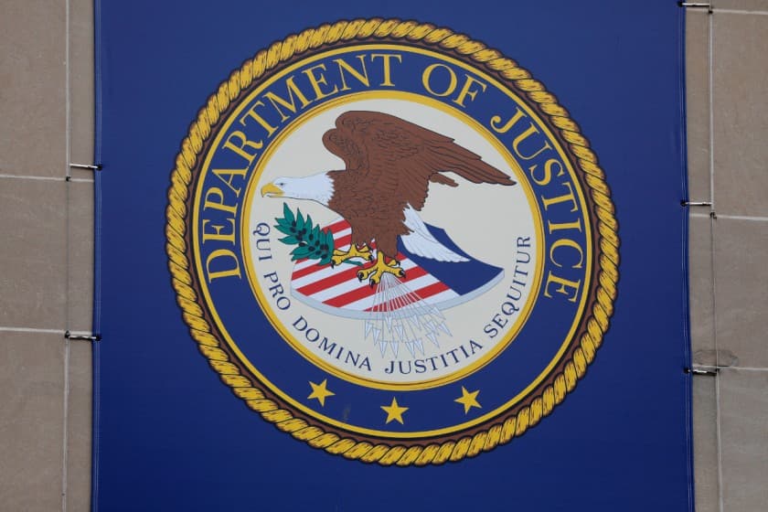 The crest of the United States Department of Justice (DOJ) is seen at their headquarters in Washington, D.C., U.S., May 10, 2021. REUTERS/Andrew Kelly/File Photo