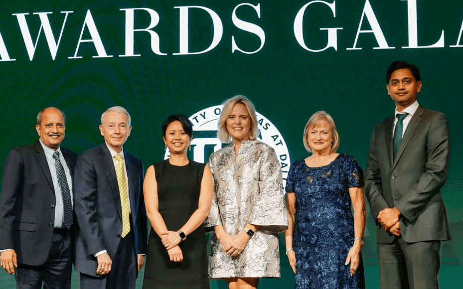 Honorees at the 2025 UT Dallas Awards Gala include (from left) V. Paddy Padmanabhan MS’87, PhD’90; Charles D. Davidson MS’80; Fern Yoon BS’07, MS’08; Jae Lynn Akin, human resources and development executive at State Farm; Shelly Fust Schofield MS’79; and Raghu Yarlagadda MS’07.