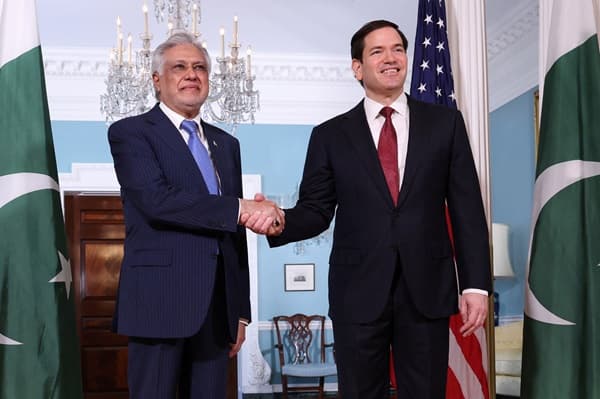 U.S. Secretary of State Marco Rubio and Pakistani Deputy Prime Minister and Foreign Minister Ishaq Dar shake hands for photographers assembled at the State Department in Washington, D.C., U.S., July 25, 2025.