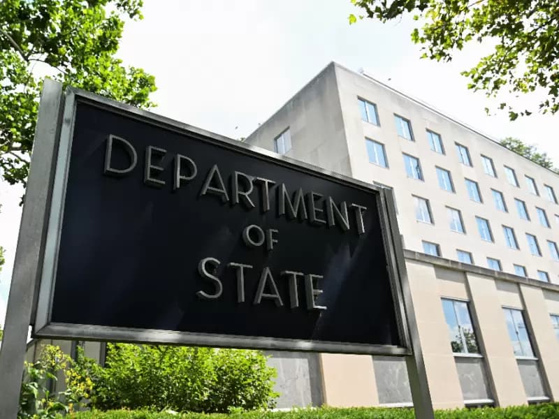 A general view of a U.S. State Department sign outside the U.S. State Department building in Washington, D.C., U.S., July 11, 2025.