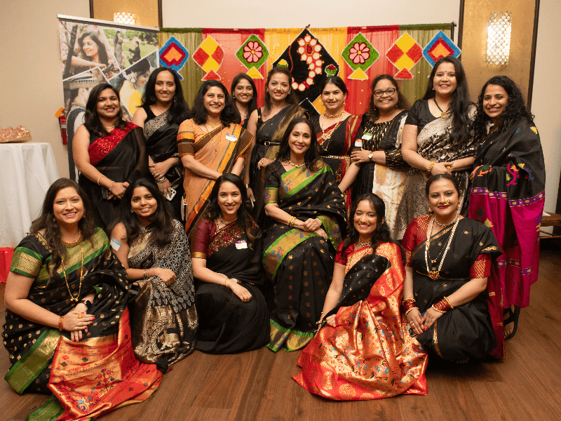 Members of MAI (Marathi Aai Initiative) pose for a group photograph during a Makar Sankranti Haldi-Kunku celebration organised by the MAI Bay Area chapter in California, January 11, 2026.