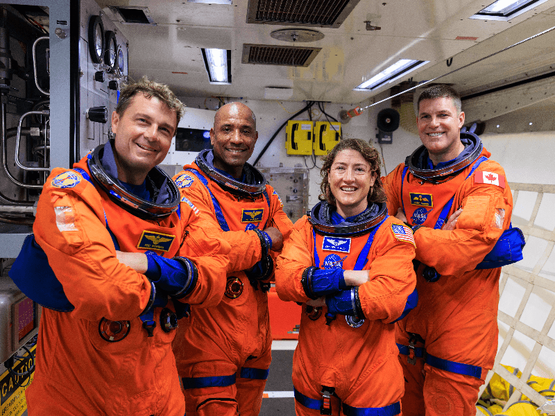 Artemis II NASA astronauts (left to right) Reid Wiseman, Victor Glover, and Christina Koch, and CSA (Canadian Space Agency) astronaut Jeremy Hansen