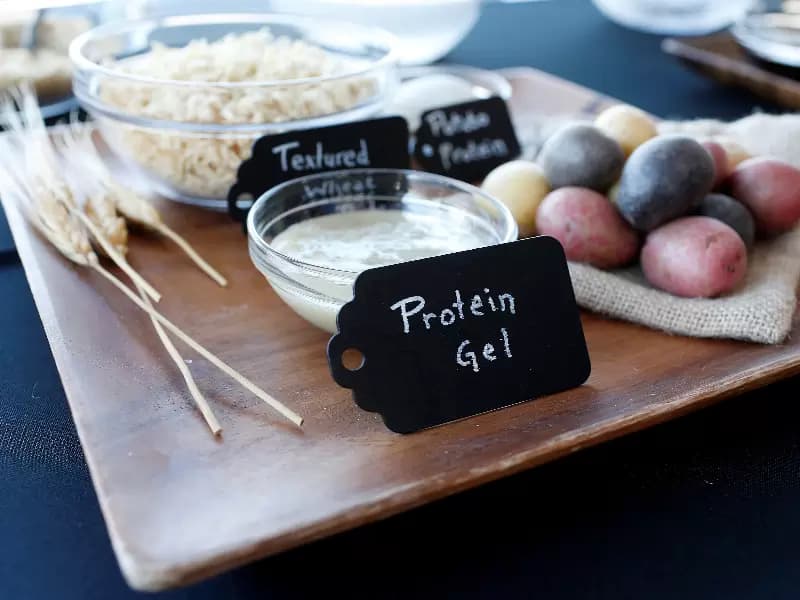 FILE PHOTO: Ingredients for plant-based hamburgers, including a protein gel, are on display in this illustration in Redwood City, California, U.S. October 6, 2016.