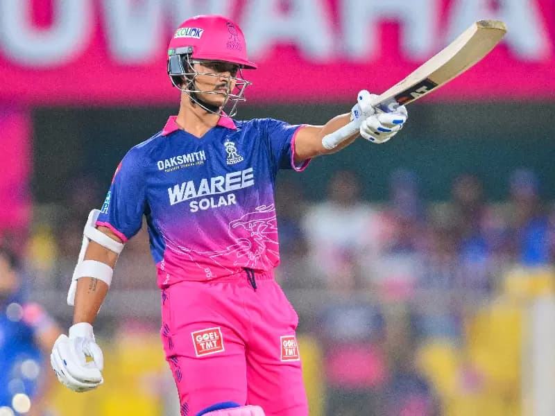Rajasthan Royals' Yashasvi Jaiswal celebrates after scoring fifty runs during the Indian Premier League (IPL) 2026 match against Mumbai Indians at Barsapara Cricket Stadium, in Guwahati district of Assam on Tuesday, April 7, 2026.