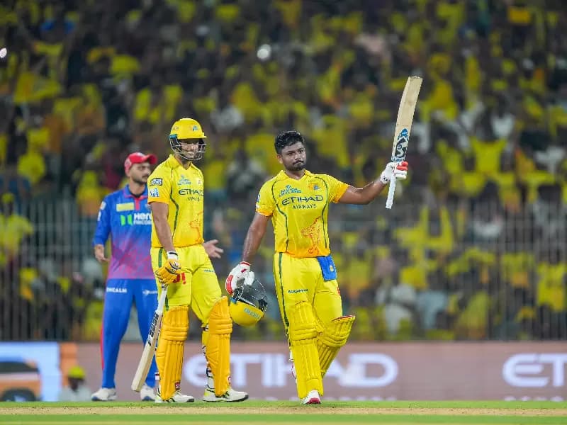 Chennai: Chennai Super Kings' Sanju Samson celebrates after scoring a century during the Indian Premier League (IPL) 2026 match between Chennai Super Kings and Delhi Capitals at M.A. Chidambaram Stadium in Chennai on Saturday, April 11, 2026.