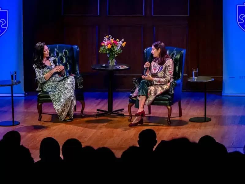 Jhumpa Lahiri, the 2026 St. Louis Literary Award recipient, speaks with Aisha Sultan, left, during An Evening with Jhumpa Lahiri at the Sheldon Concert Hall on April 8, 2026.