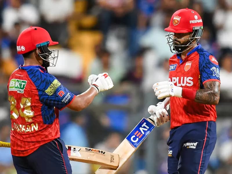 Punjab Kings' captain Shreyas Iyer celebrates with Prabhsimran Singh after scoring a half-century during the Indian Premier League 2026 match between Mumbai Indians and Punjab Kings, at Wankhede Stadium in Mumbai on Thursday, April 16, 2026.