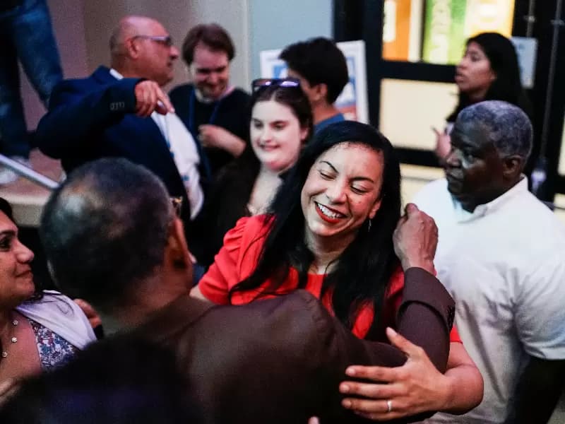Analilia Mejia, Democratic candidate for New Jersey’s 11th Congressional District, greets guests after winning the election in Montclair, New Jersey, U.S., April 16, 2026.