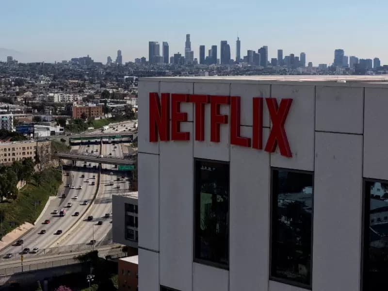 A drone view shows the Netflix logo on one of the company's buildings in the Hollywood neighborhood in Los Angeles, California, U.S., January 20, 2026.